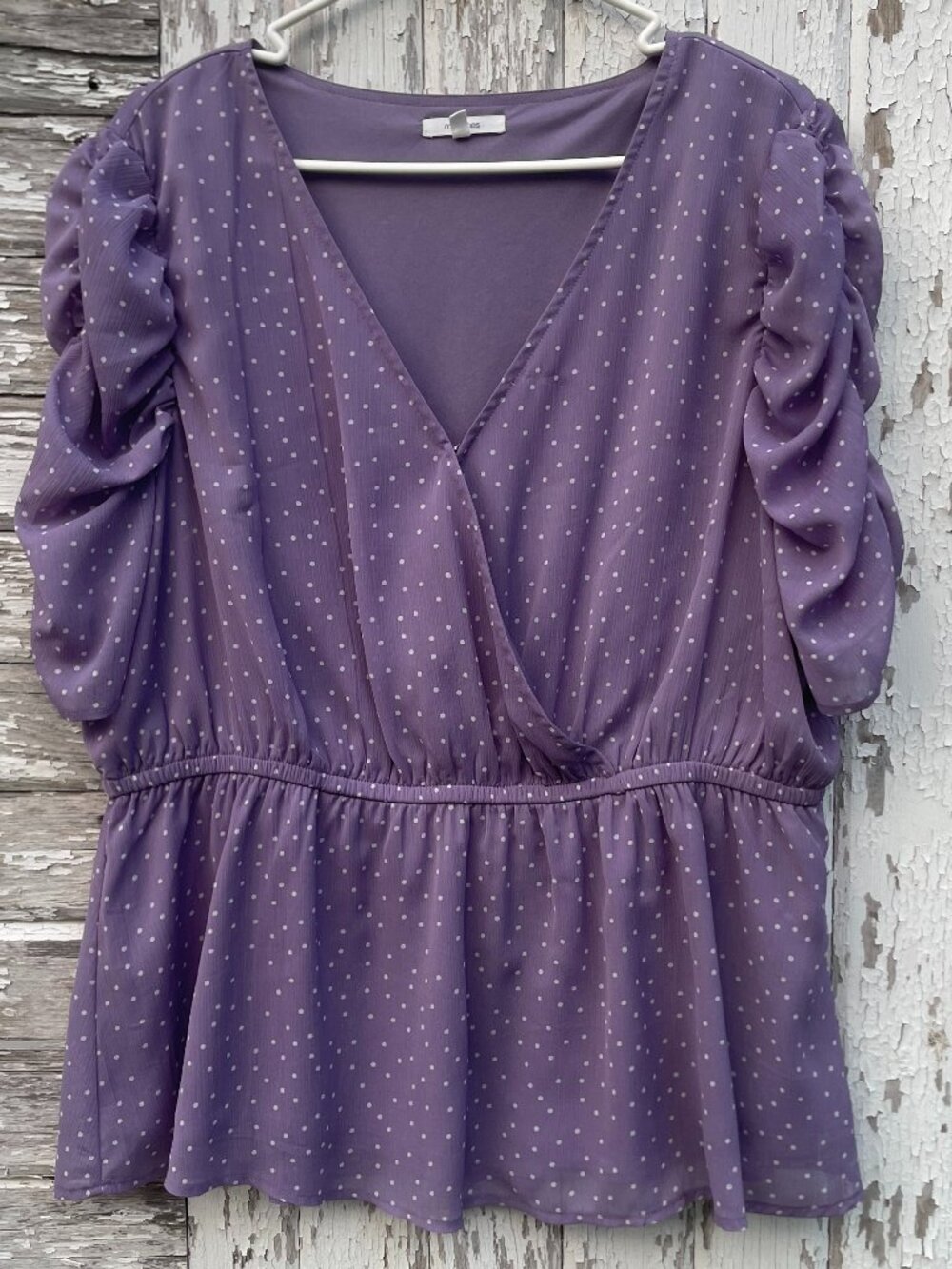 Maurices Purple V-Neck Peplum Polka Dot Ruched Sleeve Top Size XXL
